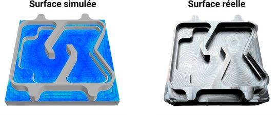 Vergleich der simulierten mit der realen Oberflächentopografie des Bauteils. Bereits vor dem ersten Schnitt wird deutlich, wie das fertige Bauteil aussehen wird.(Bild:  Tetralytix)
