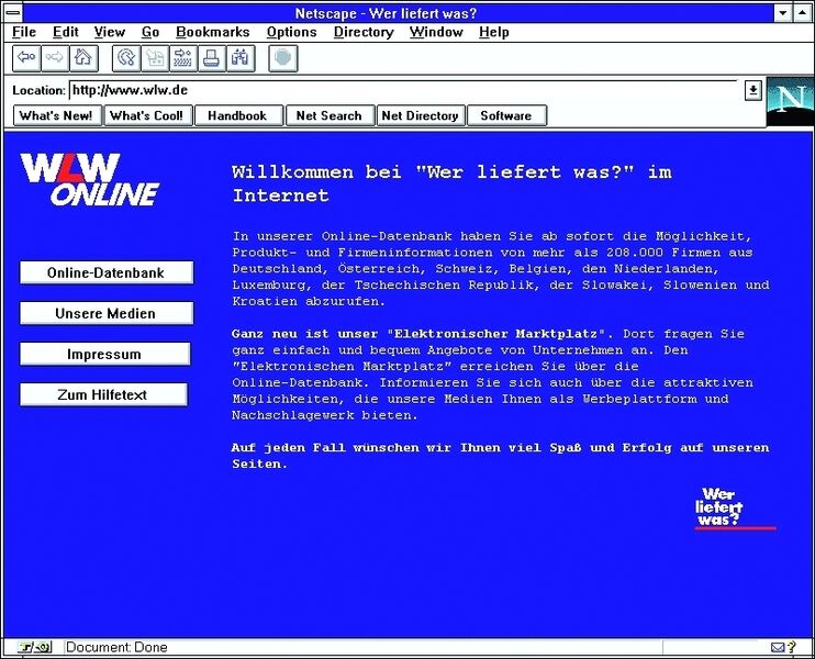 Inzwischen gibt es nur noch die Lieferanten-Suchmaschine im Internet: Startseite von 1996.  Bilder: Wer liefert was? (Archiv: Vogel Business Media)