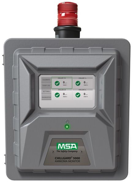 In the event of an NH3 gas leak, the highly dependable Chillgard 5000 Monitoring System provides a clear visual and loud audible signal to indicate that there is a potentially dangerous, environmentally-harmful, and expensive leak.  (MSA Safety )