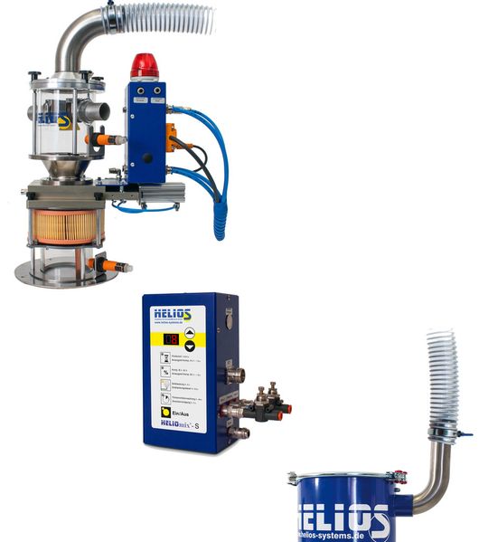 Heliomix-S – Zwei-Komponenten-Fördergerät mit Entstaubung, dazugehöriger Steuerung und separatem Staubsammelfass(Bild:  Helios)