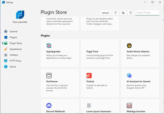Der integrierte Plug-in-Store stellt Erweiterungen für zusätzliche Datenquellen und Dienste bereit und erlaubt die Installation sowie die Verwaltung direkt aus der Oberfläche.(Bild:  Joos – Flow Launcher)