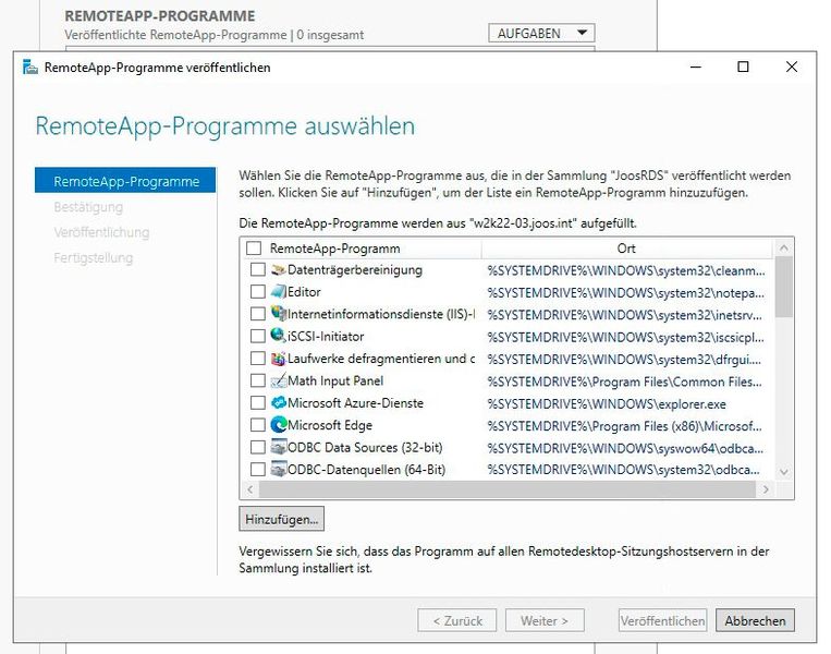 Veröffentlichen von auf dem Server installierten Anwendungen als RemoteApps in den Remotedesktopdiensten. (Bild: Joos - Microsoft)
