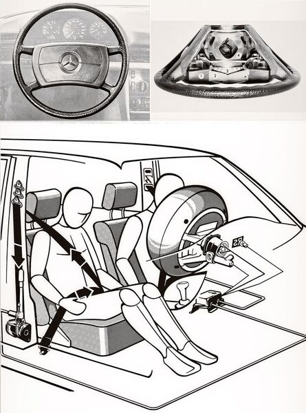 Das erste Insassenschutzsystem bei Mercedes schützte den Fahrer mit Gurt und Airbag sowie den Beifahrer mit Gurt und Gurtstrammer. (Daimler)