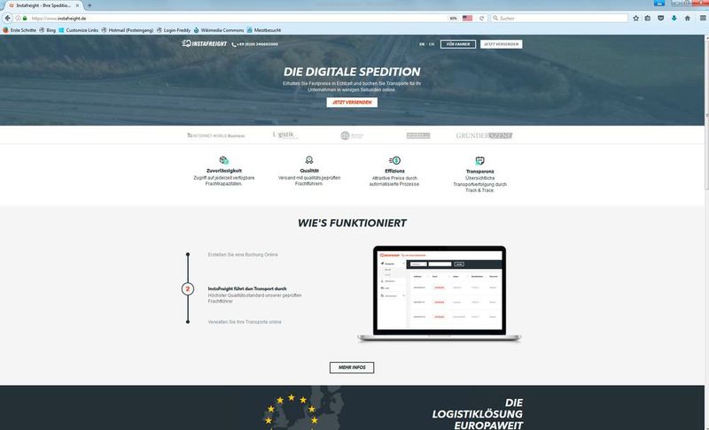 Die Berliner Instafreight GmbH (www.instafreight.de) stellt eine Online-Buchungsplattform für Transporte bereit, wobei  der Fokus auf Landtransporten per Lkw liegt. Die Transporte, die über angeschlossenen Partner-Speditionen abgewickelt werden, sind zum Festpreis buchbar. Für den Händler ist Instafreight der verantwortliche Dienstleister, der auch die Rechnung stellt. Als Investor ist Rocket Internet an Instafreight beteiligt.  (Bild: Instafright)