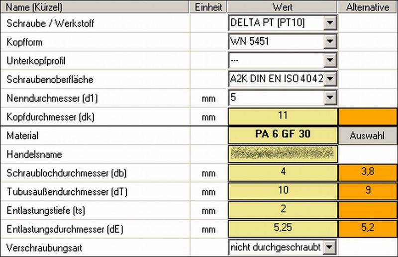 Für die Dimensionierung des Einschraubdoms rechnet Delta Calc standardmäßig mit den Konstruktionsrichtlinien der Delta PT.  (Bild: Ejot)