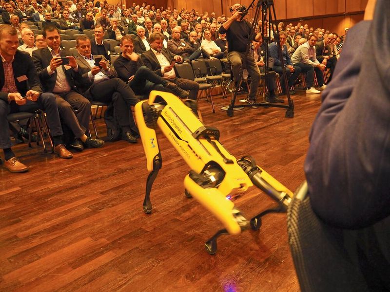 Sieht fast aus wie ein Hund, aber streicheln war verboten. Der Roboter soll zukünftig Arbeiten in der chemischen Industrie übernehmen. (Bild: Sabine Mühlenkamp)