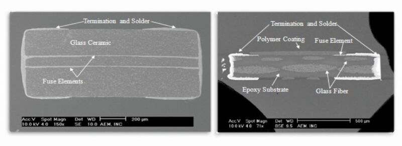 Bild 1. Querschnittansicht Solid-Body-SMD-Sicherungen vom Keramik- und Leiterplattentyp.  (AEM Components)