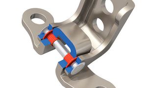 Beispiel für ein gestanztes Autotürscharnier mit rot markierten Lagersitzen. (Saint-Gobain)