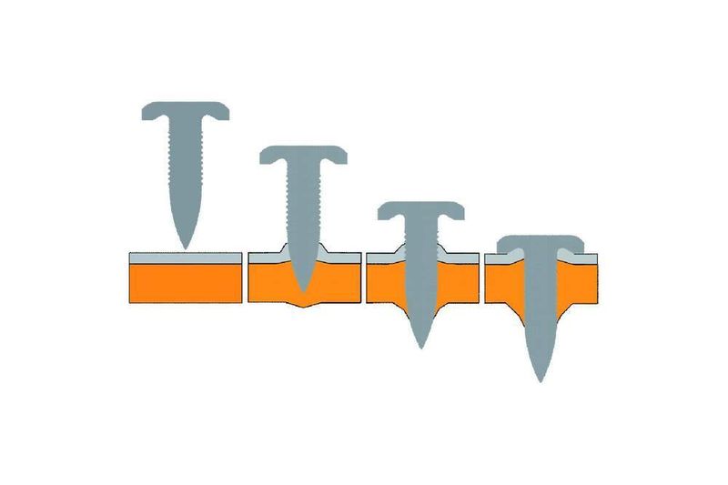 Verfahrensablauf bei dem mechanischen Fügeverfahren mit Hilfsfügeteil Rivtac Bolzensetzen durch: 1. Ansetzen, 2. Eindringen, 3. Durchdringen, 4. Verspannen  (Bild: Böllhoff)