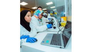 Two Kaust researchers work at the new Saudi Center for Algal Biotechnology Development and Aquaculture. (Source: Kaust)