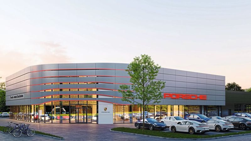 So soll das neue Porsche-Zentrum in Kaiserslautern aussehen. Der Spatenstich dazu erfolgte 2021.(Bild:  Löhr-Gruppe)