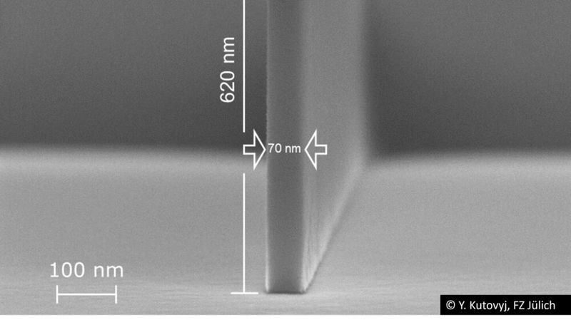 „Shadow-Wall“-Strukturen für die Herstellung von Quantencomputern. Geschrieben mit 100 kV, 200 pA Stromstärke, Dosis: 600 μC/cm². Entwickler AR 300-73 (6,5% TMAH).(Bild:  Allresist)