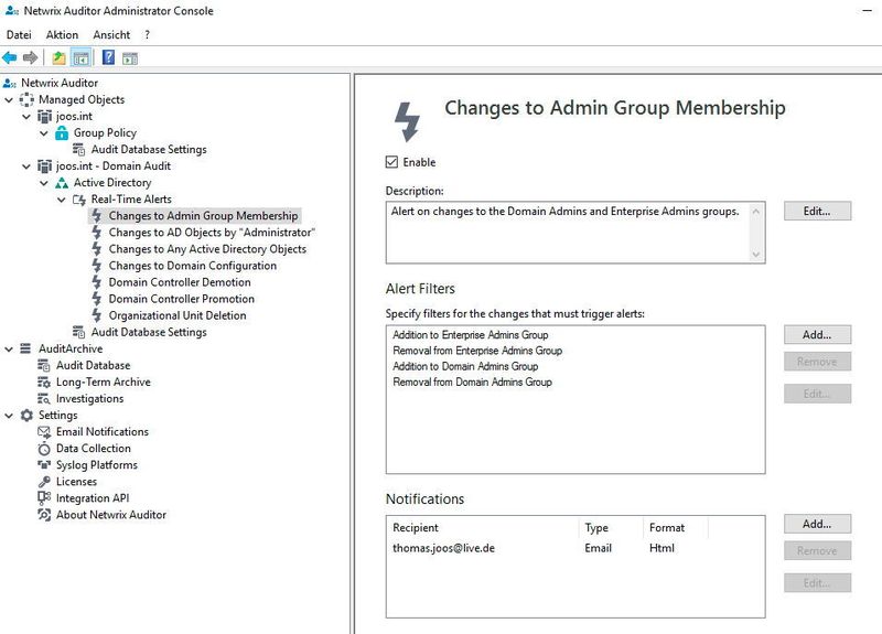 In der Netwrix Auditor Administrator Console lassen sich für alle zu überwachenden Objekte getrennte Einstellungen vornehmen. Einige Objekte, wie zum Beispiel Active Directory, erlauben auch eine Echtzeitüberwachung von Änderungen in der Domäne.  (Thomas Joos)