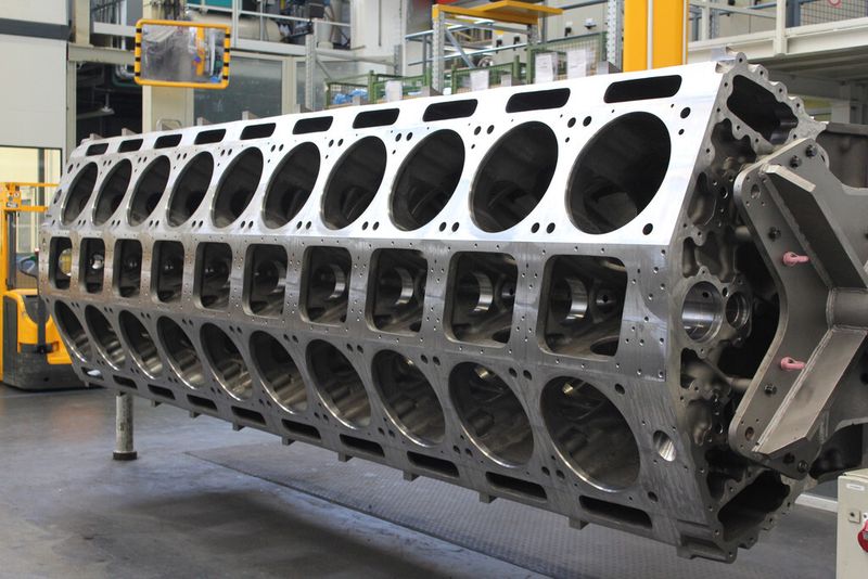 Bild 5: Das Kurbelgehäuse eines Schiffsdiesels mit seinen Zylinderbohrungen bearbeitet bei MTU mittels Komtronic U-Achssystem von Komet. (Bild: Komet Group)