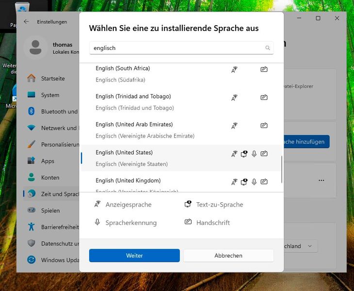 In Windows 10 und Windows 11 kann das englische Sprachpaket bequem über die grafische Oberfläche installiert werden. (Bild: Joos)