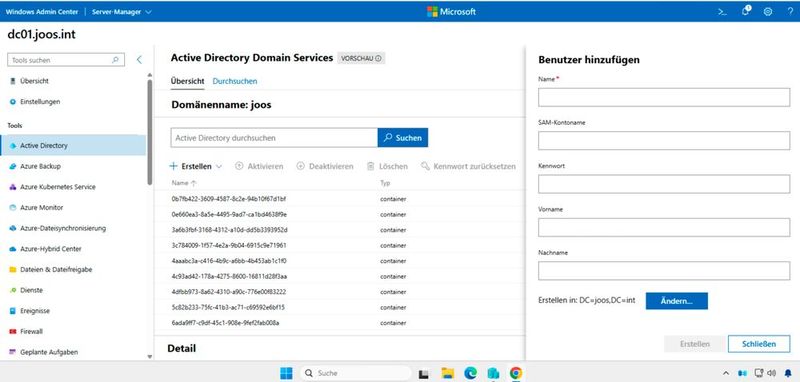 Erstellen von neuen Benutzerkonten in Active Directory über das Windows Admin Center. (Bild: Joos)