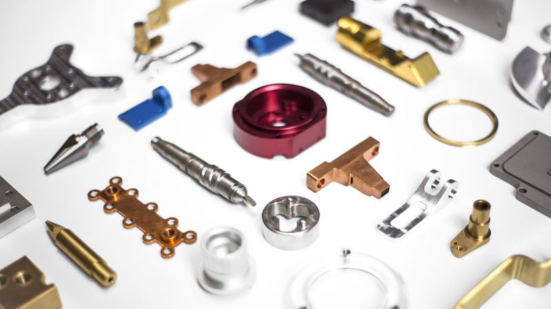 Detailansicht verschiedener Bauteile, darunter rot eloxiertes Aluminium. Digitale Plattformen sichern hierbei die lückenlose Rückverfolgbarkeit bis zum Rohmaterial.(Quelle:  FACTUREE - Der Online-Fertiger)