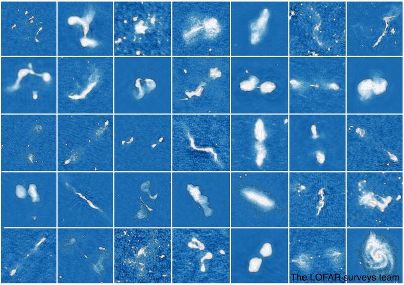 2: Zusammenstellung einiger Aufnahmen aus der Veröffentlichung des LOFAR Two-metre Sky Survey (LoTSS:  http://www.astron.nl/LifeCycle2018/Documents/Talks_Session1/Williams_LifeCycle18.pdf) (Tim Shimwell and the surveys team / CC BY 3.0)