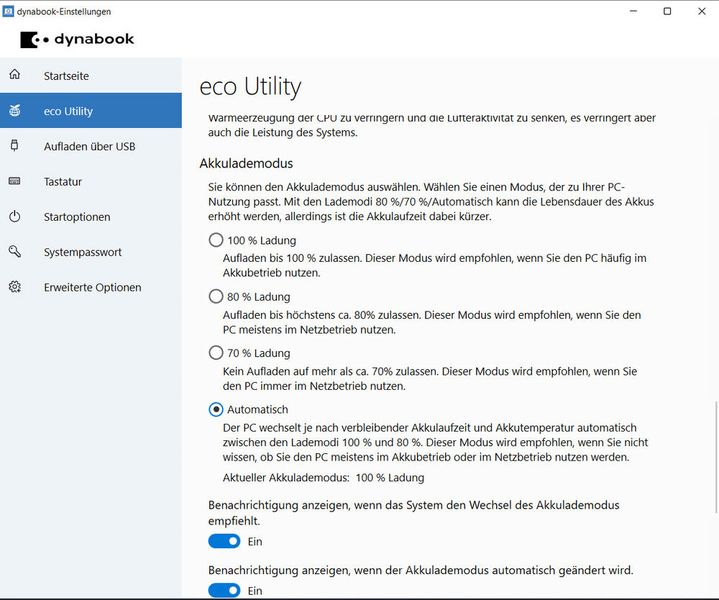 Das Ladeverhalten des 53-Wh-Akku im Portégé X40-K kann per Software an die bevorzugte Nutzung angepasst werden. (Bild: Vogel IT-Medien)