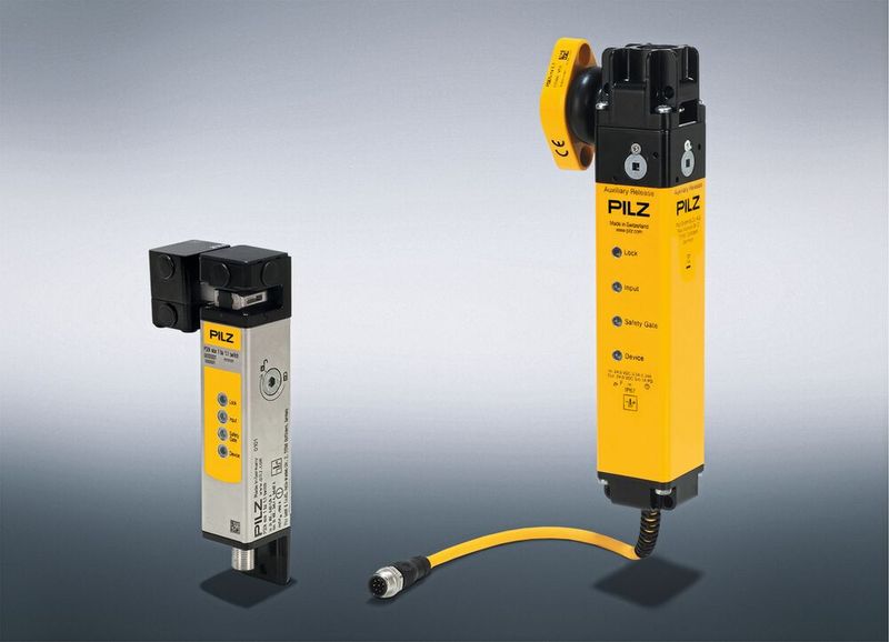 Neben der klassischen Sicherheitszuhaltung PSENmlock (rechts) kommt bei kleineren Prüfständen von testFAB42 die 2023 auf den Markt eingeführte PSENmlock mini zum Einsatz. Das deutlich schlankere Schutztürsystem kann vollständig in die Rahmenkonstruktion integriert werden. (Bild: Pilz)