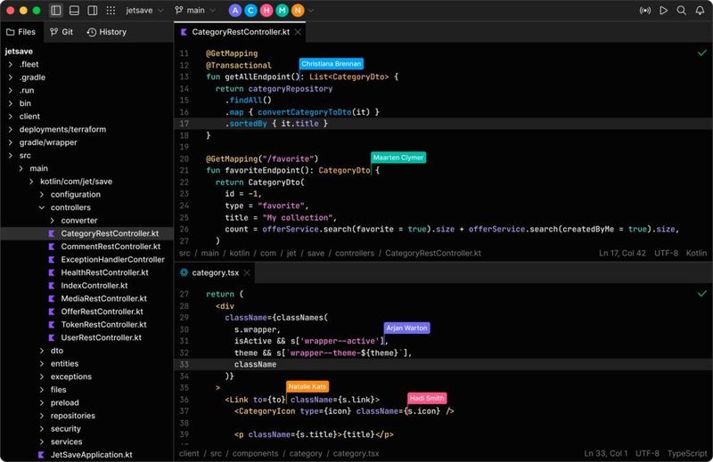 Dank der verteilten Architektur von Fleet können Development-Teammitglieder simultan an einem Projekt und in den Quellcode-Dateien arbeiten. (JetBrains)