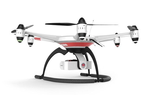 Red Dot Award 2015 - Drohne ix-rotor UAV von Beijing Zhongfei: Die Drohne hat ihren Schwerpunkt auf der Unterseite der Plattform mit den sechs Rotoren, wodurch sie stabiler im Wind fliegt. Außerdem ist das Rotorzentrum um fünf Grad nach Innen geneigt, um die Lenkgeschwindigkeit zu verbessern. Das Getriebe ist im Kamerakopf integriert, sodass das Fahrwerk mitrotiert, wenn die Kamera rotiert. Dadurch lassen sich Flugaufnahmen machen, ohne dass das Fahrwerk mit im Bild zu sehen ist.  (Bild: Red Dot)