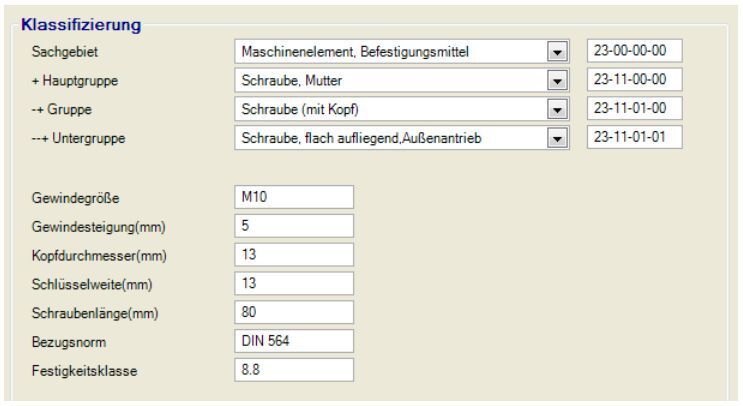 Bild 3: E-Class mit Klartextbegriffen, dem 8-Charakter-Code sowie weiteren frei definierten Merkmalen.  (Bild: Procad)