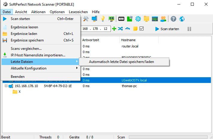 Die Konfiguration von SoftPerfect Network Scanner kann exportiert und importiert werden. (Bild: SoftPerfect / Joos)