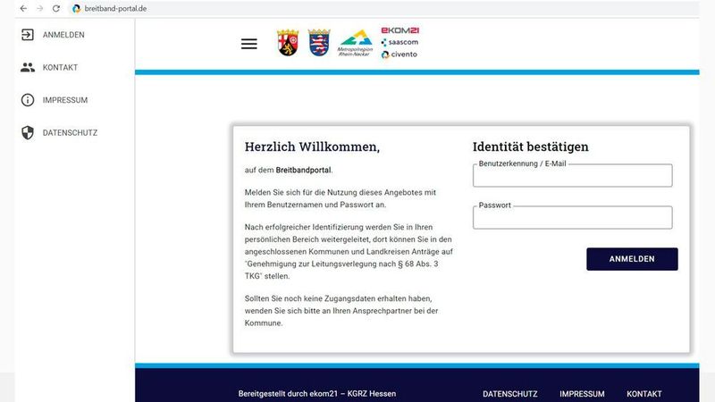 Die Startseite des Internet-Portals für den Online-Antrag zum Breitbandausbau (ekom21)