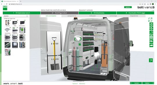 (Mit dem P ́X Web Configurator erstellen Handwerker selbst eine Grundkonfiguration ihrer individuellen Fahrzeugeinrichtung aus vorhandenen Modulen. Bild: Bott GmbH & Co. KG)