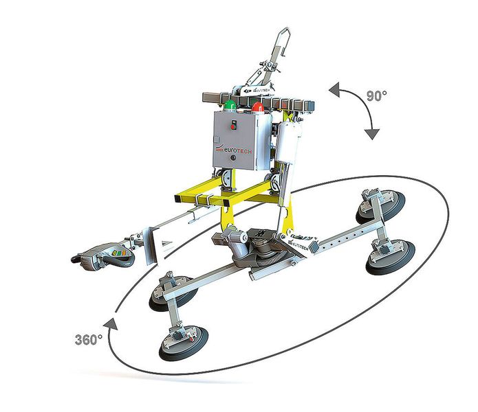 Mit dem Hebegerät eT-Hover-allround SD lassen sich auch Bleche leicht handeln. Das Gereät ist 90° schwenkbar und 360° drehbar. (Bild: Eurotec)