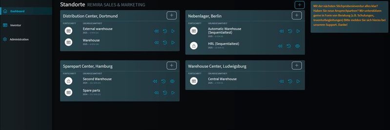 Auf dem Dashboard werden die zu inventierenden Lagerstandorte angezeigt und können hier zentral verwaltet werden. Inventuren können parallel stattfinden.(Bild:  Remira)