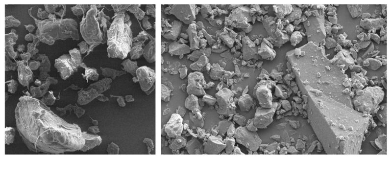 Mikroplastik aus Peeling-Produkten (li.) und gemahlenes Karnaubawachs (re.) haben ähnliche Eigenschaften. (Bild: Fraunhofer Umsicht)