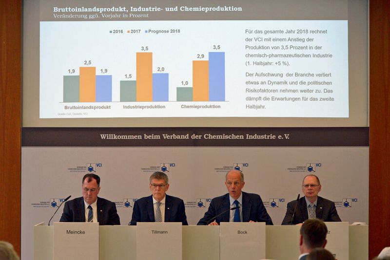 VCI-Präsident Kurt Bock (2. von rechts) erläuterte die Zahlen und Fakten zur wirtschaftlichen Bilanz der chemisch-pharmazeutischen Industrie für das erste Halbjahr und die Prognose für das Gesamtjahr 2018. Außerdem bewertete er die politischen Rahmenbedingungen für Innovationen in Deutschland (VCI / Rene Spalek)