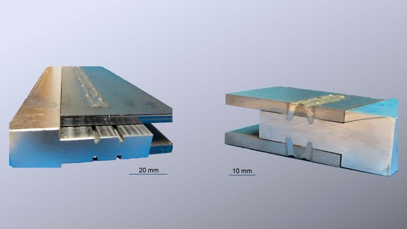 Ein im Rahmen des Verbundprojekts entwickelter Aluminium-Stahl Adapter frontal und im Querschnitt. Maßstäbe: 20 Millimeter (links) und 10 Millimeter (rechts).([Bild: , Bild: ] LZH)