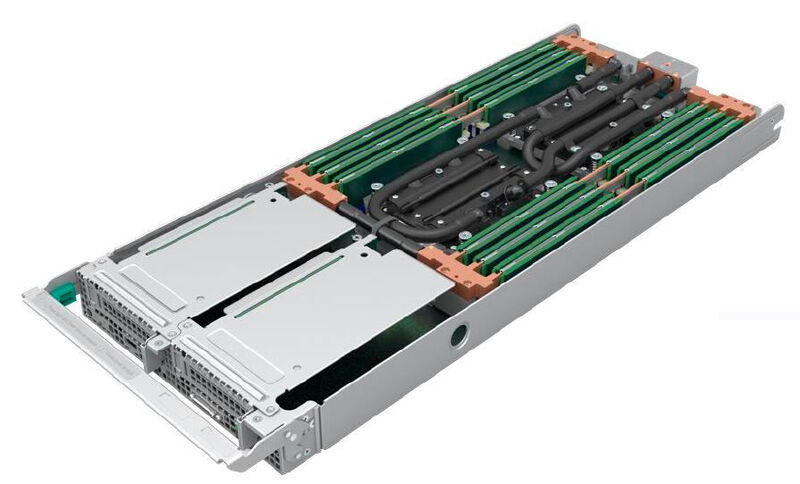 Da der Xeon Platinum 9200 nicht gesockelt, sondern verlötet wird, bietet Intel Compute-Module mit jeweils zwei Prozessoren an. In ein 2U-Chassis passen bis zu vier wassergekühlte Nodes. (Intel)