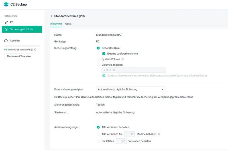 Basis der Sicherung ist die Sicherungsrichtlinie, die im Dashboard von Synology C2 Backup konfiguriert wird. (Joos (Screenshot))