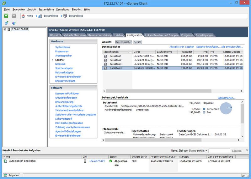 Die virtuellen Datacore-Platten stellen VMware-Hardwarebeschleunigung auch dann zur Verfügung, wenn die zugrundeliegende Speicherhardware diese gar nicht unterstützt. (Bild: Götz Güttich)