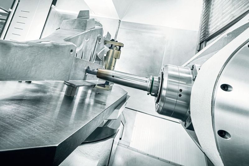 Bearbeitung eines Längsträgers auf der G600F. Die G600F ist in gängiger AC-Kinematik ausgeführt und hat einen Störkreisdurchmesser von bis zu 1550 mm.  (Grob)