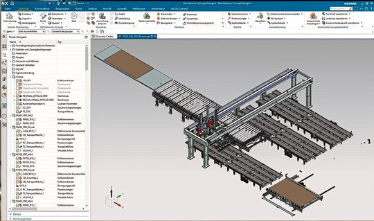 Die durchgängige Lösung besteht aus dem CAD-System Solid Edge, dem Mechatronics Concept Designer, dem CAD-System NX und der Anbindung der Automatisierungstechnik.(Bild:  Hymmen GmbH Maschinen- und Anlagenbau)