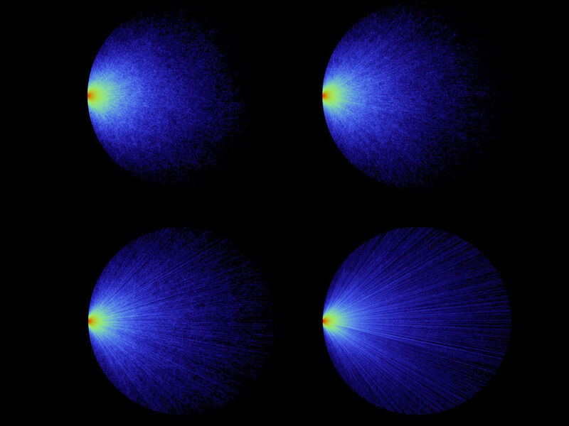 Simulationsergebnisse für Lichtpfade in kreisförmigen Scheiben mit unterschiedlicher Trübung. Das Licht trifft von links auf das Medium mit vielen verschiedenen Einfallswinkeln.  ((c) Romain Pierret & Romulo Savo)