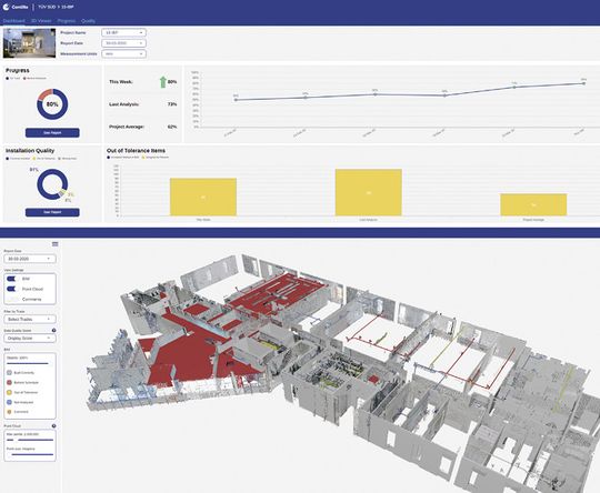 (Zur Automatisierung der teilweise aufwändigen Datenpflege haben TÜV SÜD und das britische Bauanalytik-Unternehmen Contilio eine KI-basierte Qualitäts- und Fortschrittskontrolle entwickelt. Hier das Dashboard und der 3D-Viewer. Bild: TÜV SÜD AG)