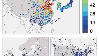 Oberflächen-Ozon-Werte für China, Japan und Südkorea (oben), Europa (unten links) und die USA (unten rechts). (2018 American Chemical Society / Forschungszentrum Jülich)