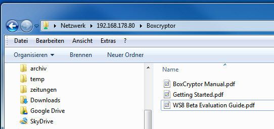 Das virtuelle Laufwerk oder auch einzelne Verzeichnisse und Dateien im verschlüsselten Ordner lassen sich im Windows-Netzwerk freigeben.  Über diesen Weg lässt sich auf veschlüsselte Dateien zugreifen. Kopieren Anwender über das Netzwerk Dateien in die Freigabe verschlüsselt Boxcryptor Classic diese und synchronisiert sie mit dem Cloudspeicher. (Thomas Joos)