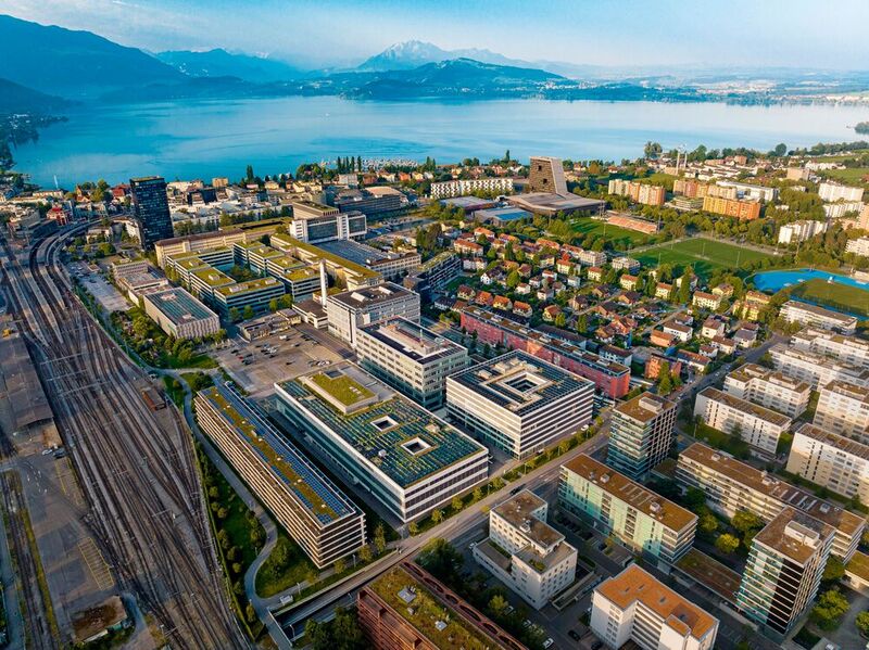 Der Siemens Campus in Zug aus der Vogelperspektive.