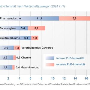 Abbildung 2: F&E-Intensität nach Wirtschaftszweigen 2024 in Prozent. Die Pharmaindustrie investiert im Vergleich zu anderen Branchen mit Abstand am meisten in Forschung und Entwicklung.(Bild:  BPI)