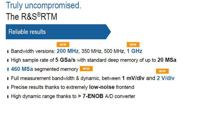 Die Bandbreiten 200 MHz und 1 GHz sind bei der R&S RTM-Familie neu hinzugekommen. Neu ist auch der segmentierte Speicher von 460 MSample. (Rohde & Schwarz)
