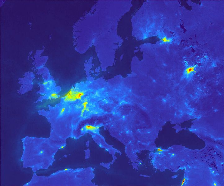 Satellitenmessung von Stickstoffdioxid-Emissionen über Europa im Vergleichzeitraum März/April 2019. (Deutsches Zentrum für Luft- und Raumfahrt)