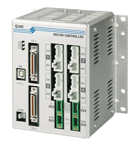 Mit dem Vier-Achsen-Schrittmotor-Controller der Serie JXC73 lassen sich bis zu vier elektrische Antriebe auch für mehrer Achsen gleichzeitig regeln. (SMC Pneumatik)