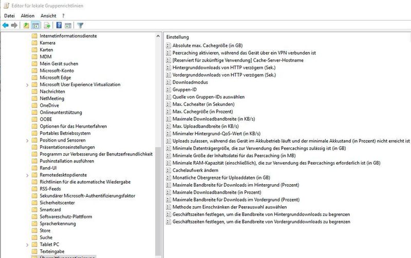 Wichtige Einstellungen für Windows 10-Updates ist in den Richtlinien über „Computereinstellungen\Administrative Vorlagen\Windows-Komponenten\Übermittlungsoptimierung“ zu finden. Hier wird festgelegt, wie sich das Betriebssystem beim Herunterladen von Updates verhalten soll. (Joos)